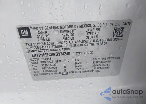 2016 GMC Sierra 1500 Sle from USA, damaged, VIN 3GTP1MEC8GG374240